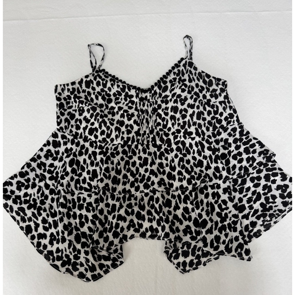 The Limited Black White Animal Print Tiered Camisole Pom Pom Trim Top Small